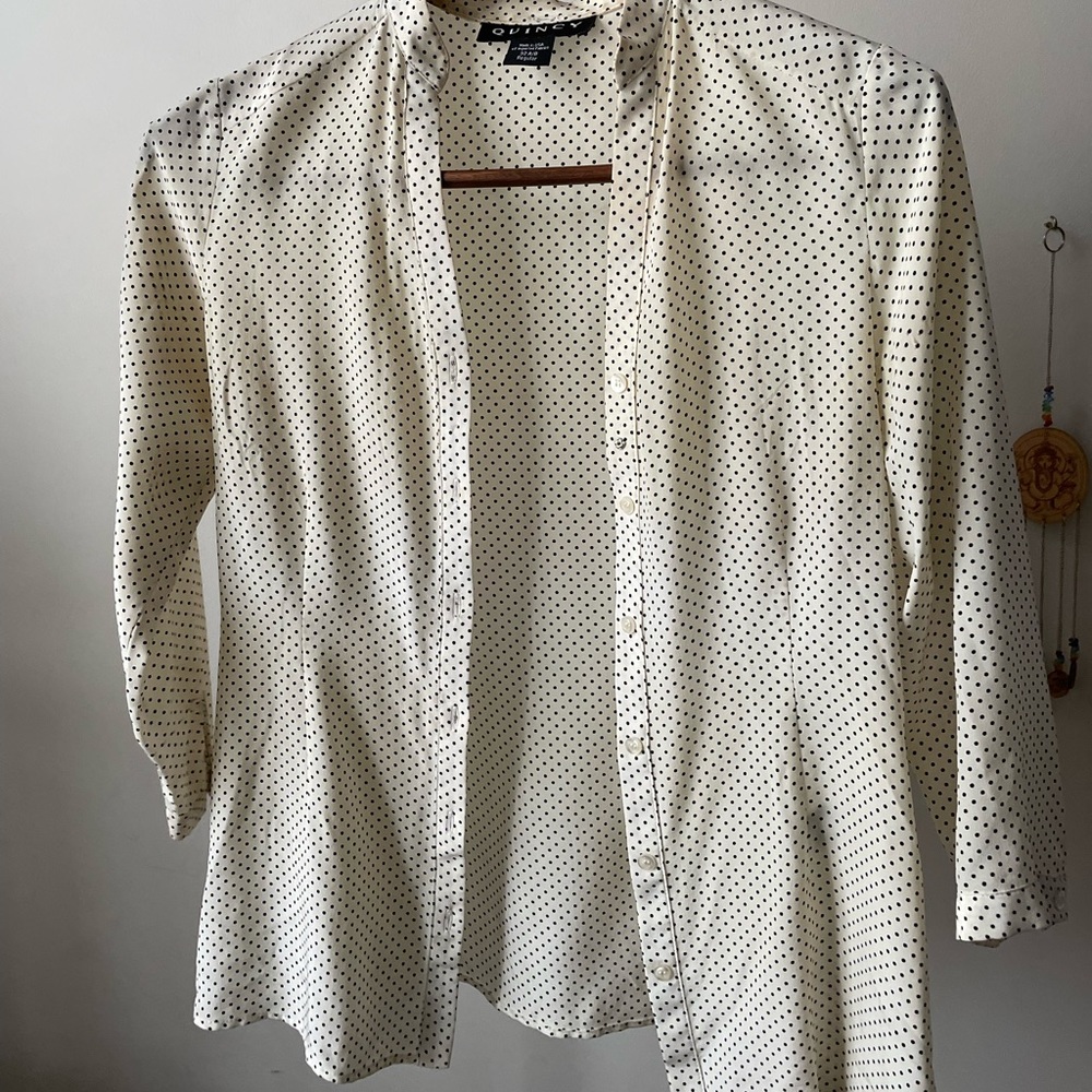 Quincy Long Sleeved White and Black Polka Dot Blouse- Size 32 A/B Regular